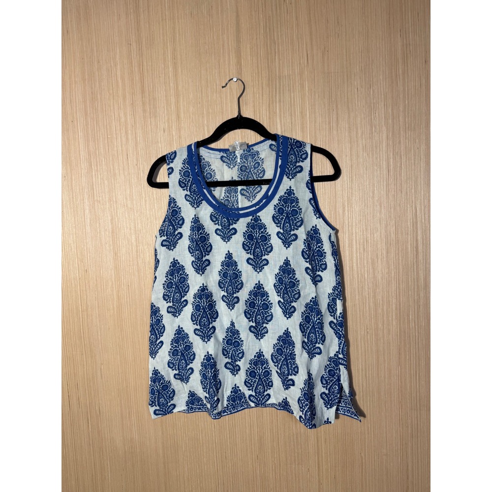 Anokhi Blue White Block Print 100% Linen Sleeveless Scoop Neck Top Small L-003